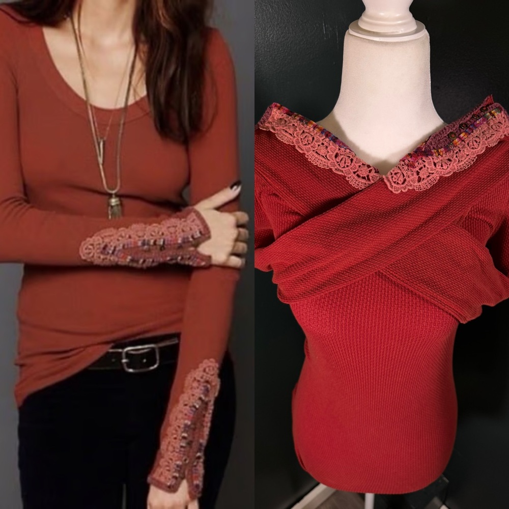 Free People • Red Fiesta Cuff Thermal Long Sleeve Top